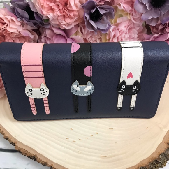 Navy Blue Vegan Leather Cat Clutch Wallet - Picture 4 of 13